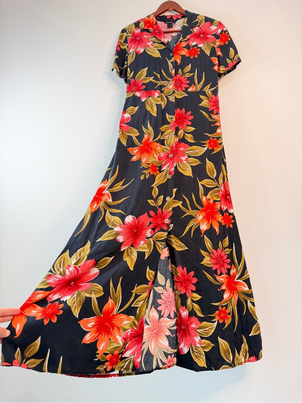 Vintage 90s T & Company Tropical Floral Maxi Dress‎ Button Front Boho Fairy 12